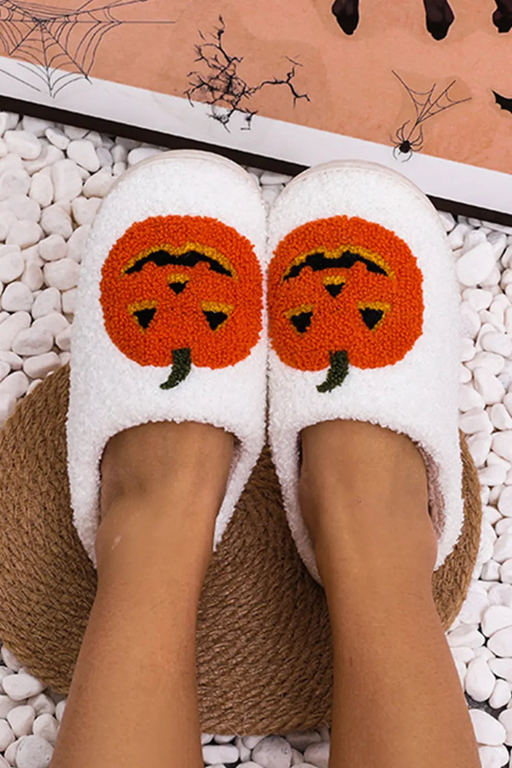 White Halloween Pumpkin Print Plush Slippers (Runs Small, Size Up) Beagle Boutique Fashion Outlet