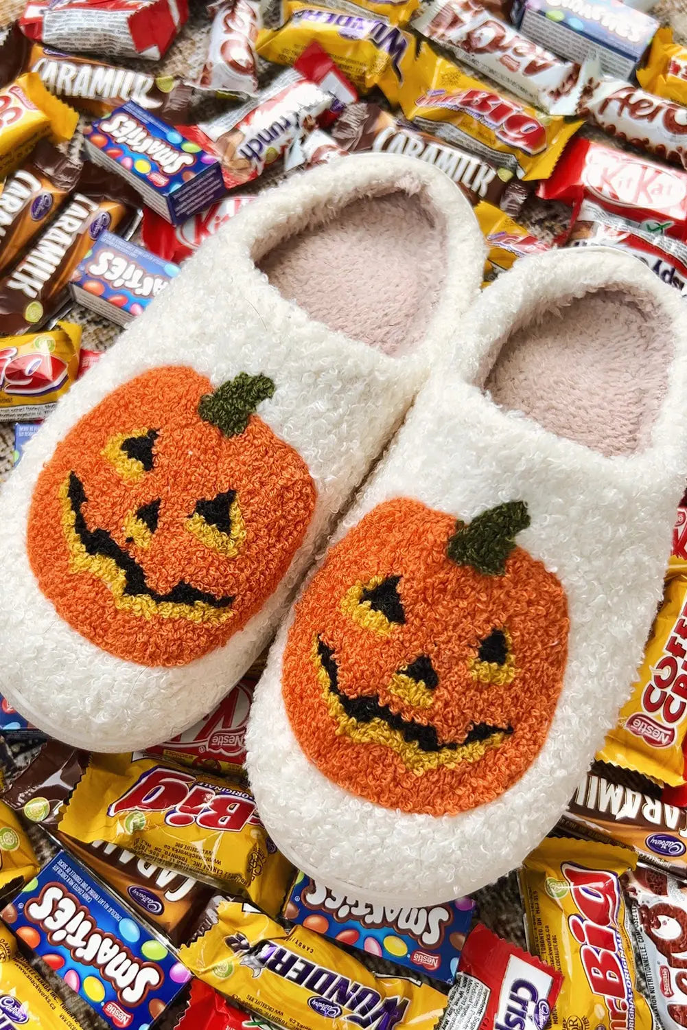 White Halloween Pumpkin Print Plush Slippers (Runs Small, Size Up) Beagle Boutique Fashion Outlet