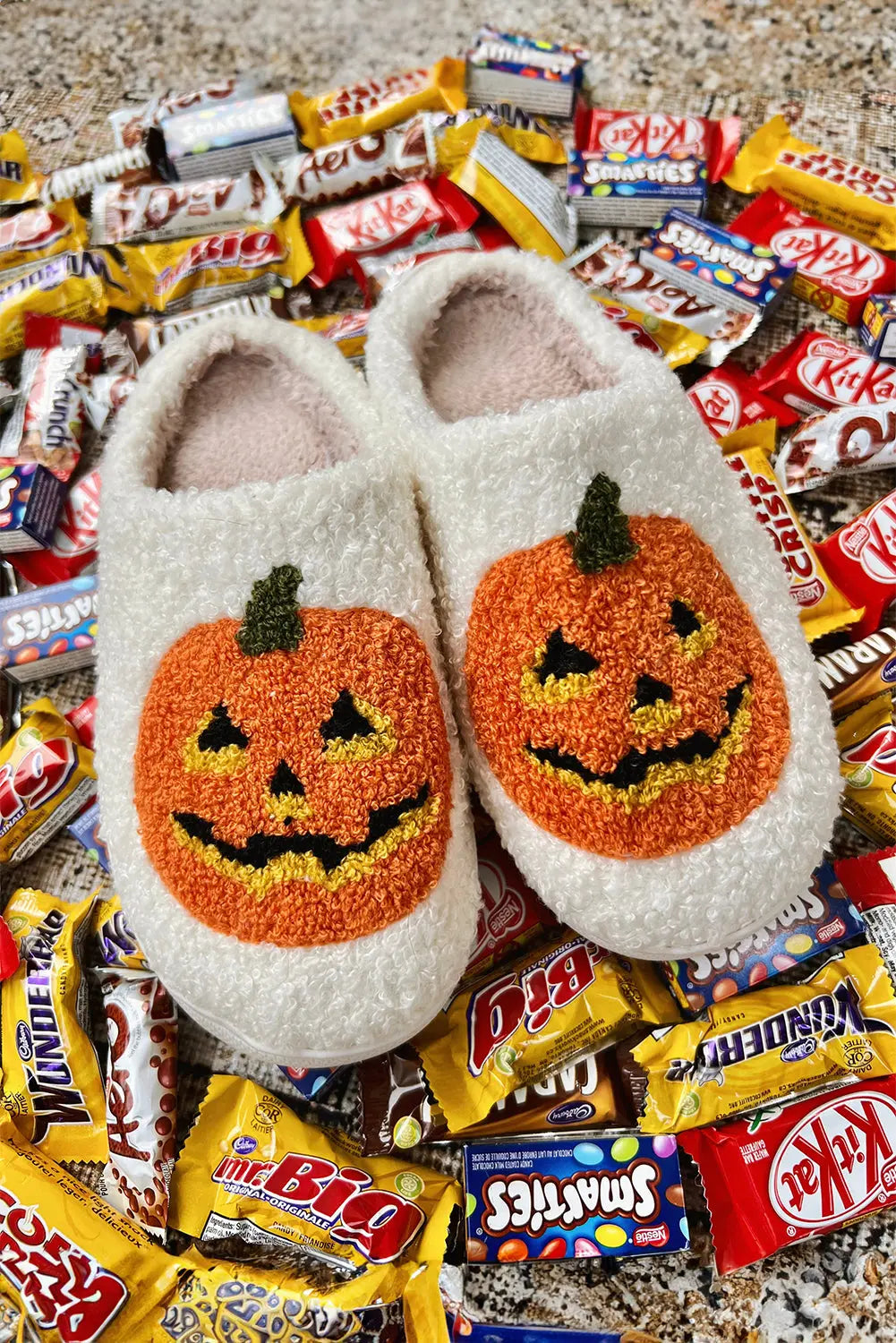 White Halloween Pumpkin Print Plush Slippers (Runs Small, Size Up) Beagle Boutique Fashion Outlet