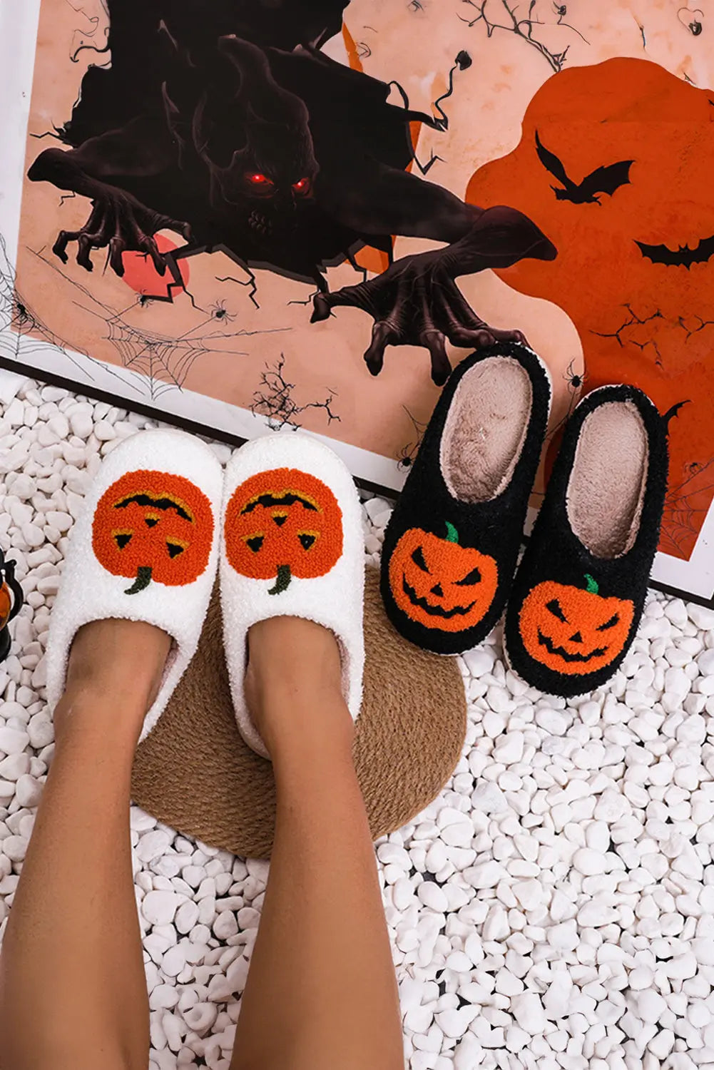 White Halloween Pumpkin Print Plush Slippers (Runs Small, Size Up) Beagle Boutique Fashion Outlet