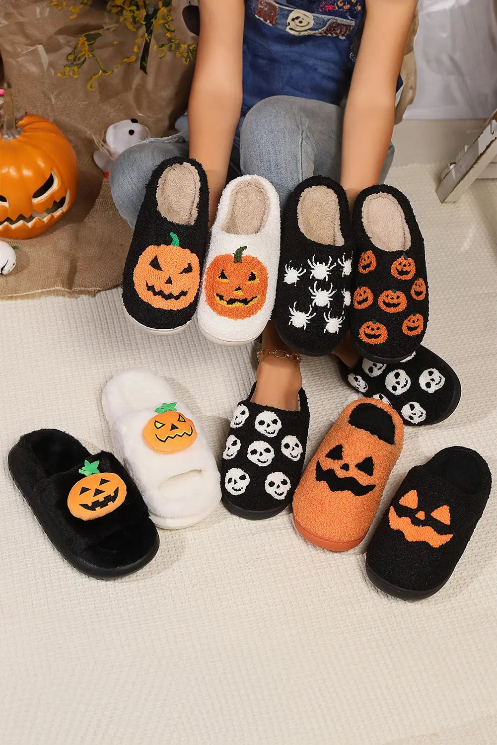 White Halloween Pumpkin Print Plush Slippers (Runs Small, Size Up) Beagle Boutique Fashion Outlet