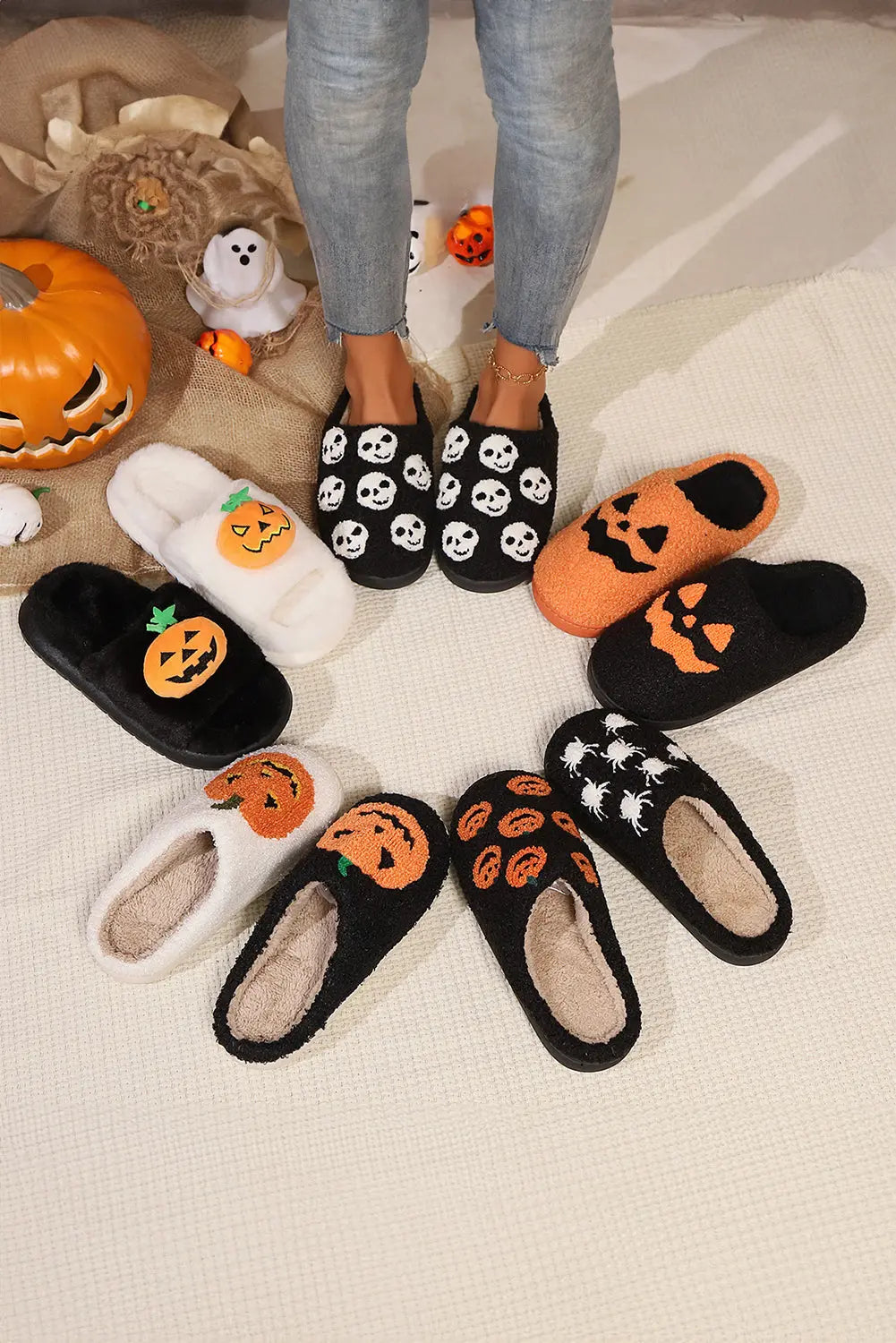 White Halloween Pumpkin Print Plush Slippers (Runs Small, Size Up) Beagle Boutique Fashion Outlet