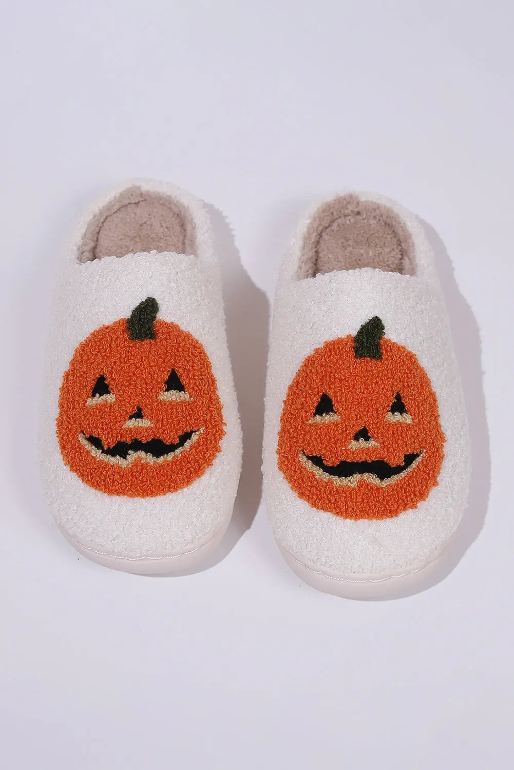 White Halloween Pumpkin Print Plush Slippers (Runs Small, Size Up) Beagle Boutique Fashion Outlet