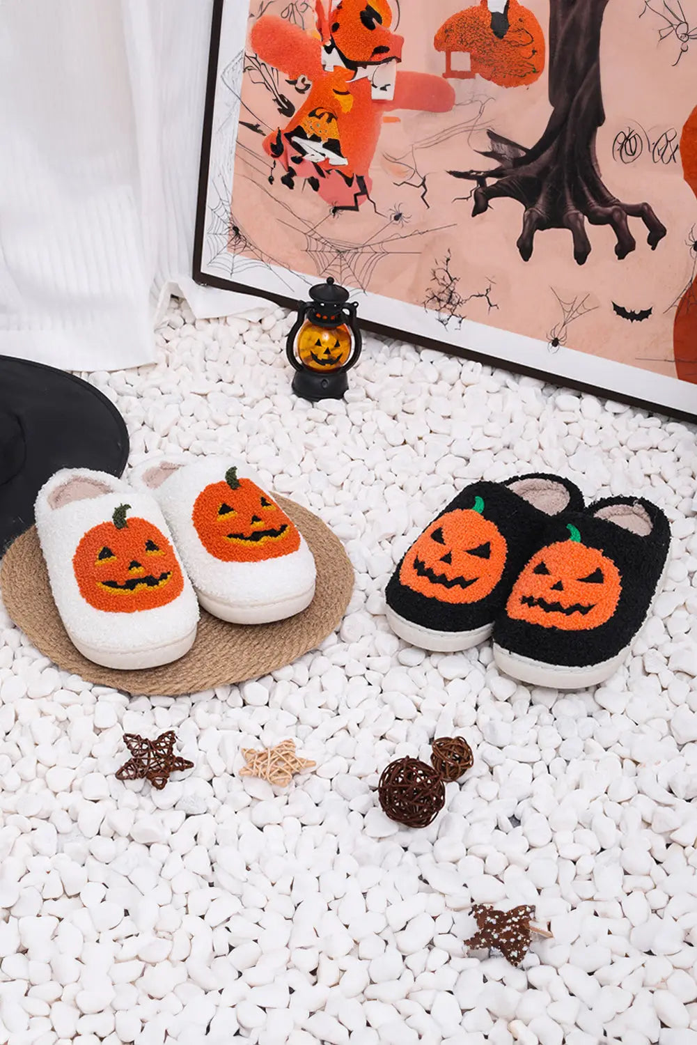 White Halloween Pumpkin Print Plush Slippers (Runs Small, Size Up) Beagle Boutique Fashion Outlet