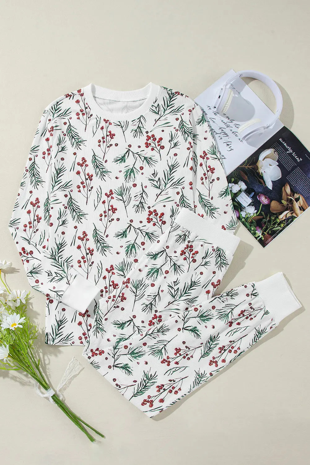 White Holly Print Thermal Pullover Trousers Pyjama Set eAura