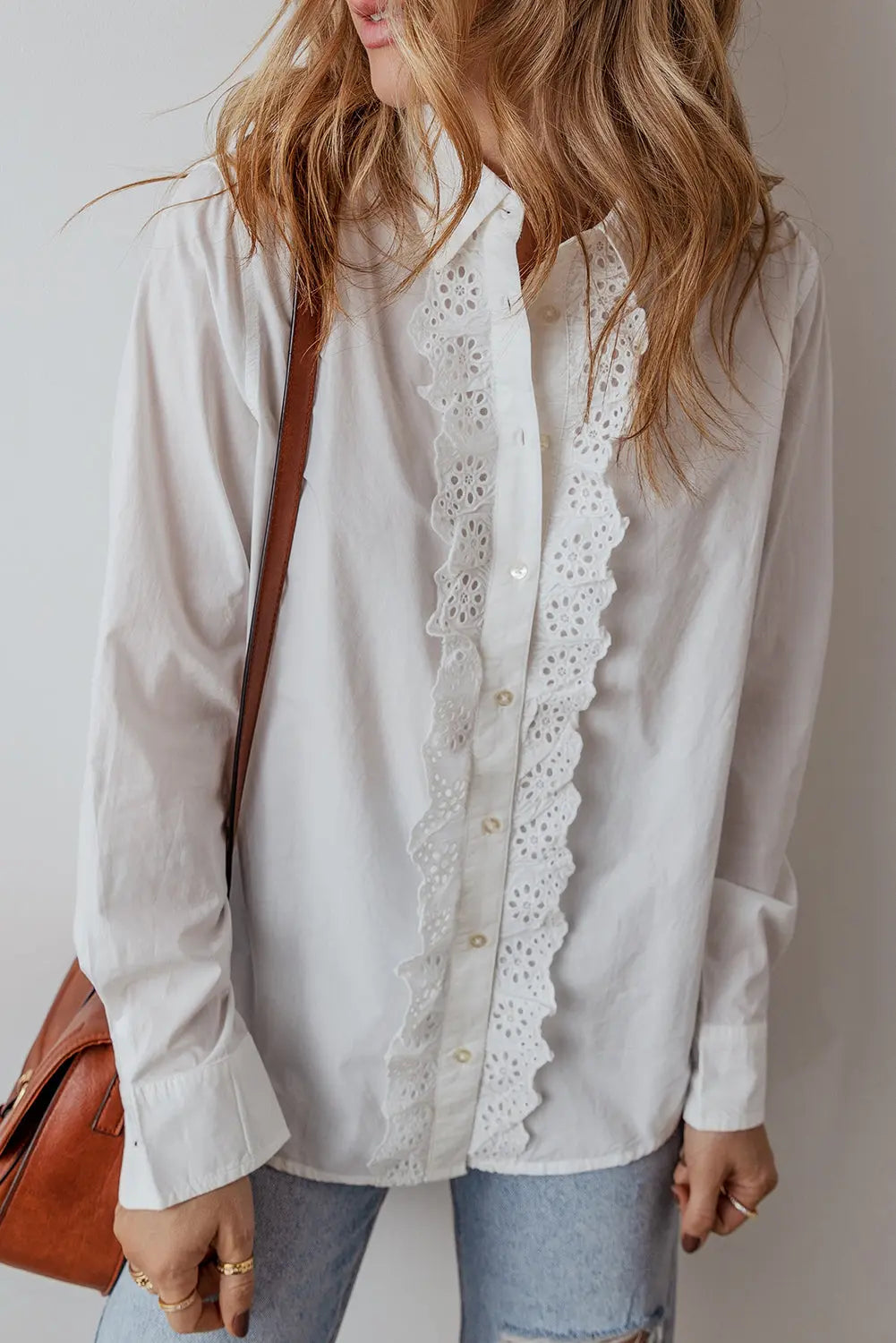 White Lace Crochet Trim Turn Down Collar Buttoned Shirt - eAura