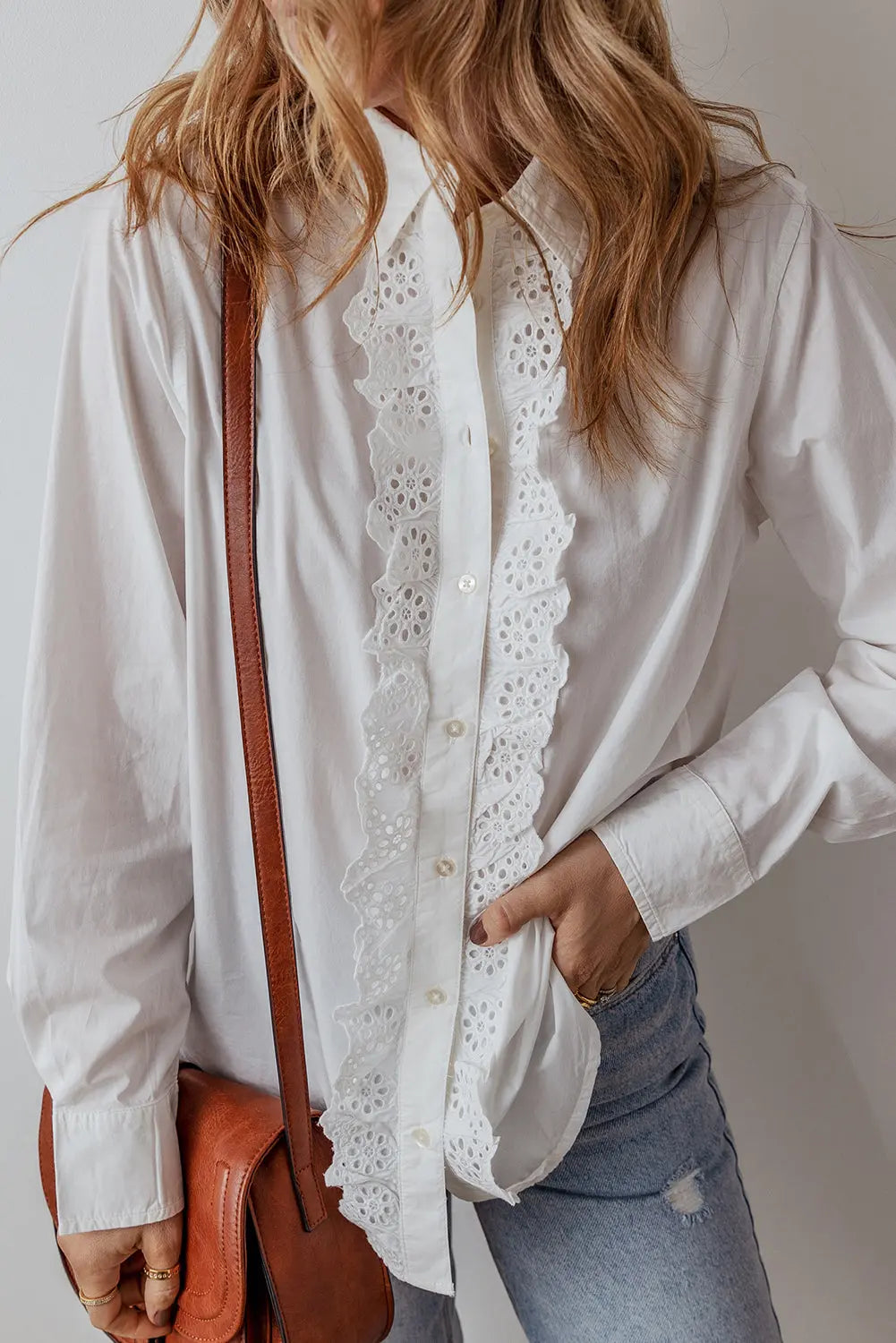 White Lace Crochet Trim Turn Down Collar Buttoned Shirt - eAura