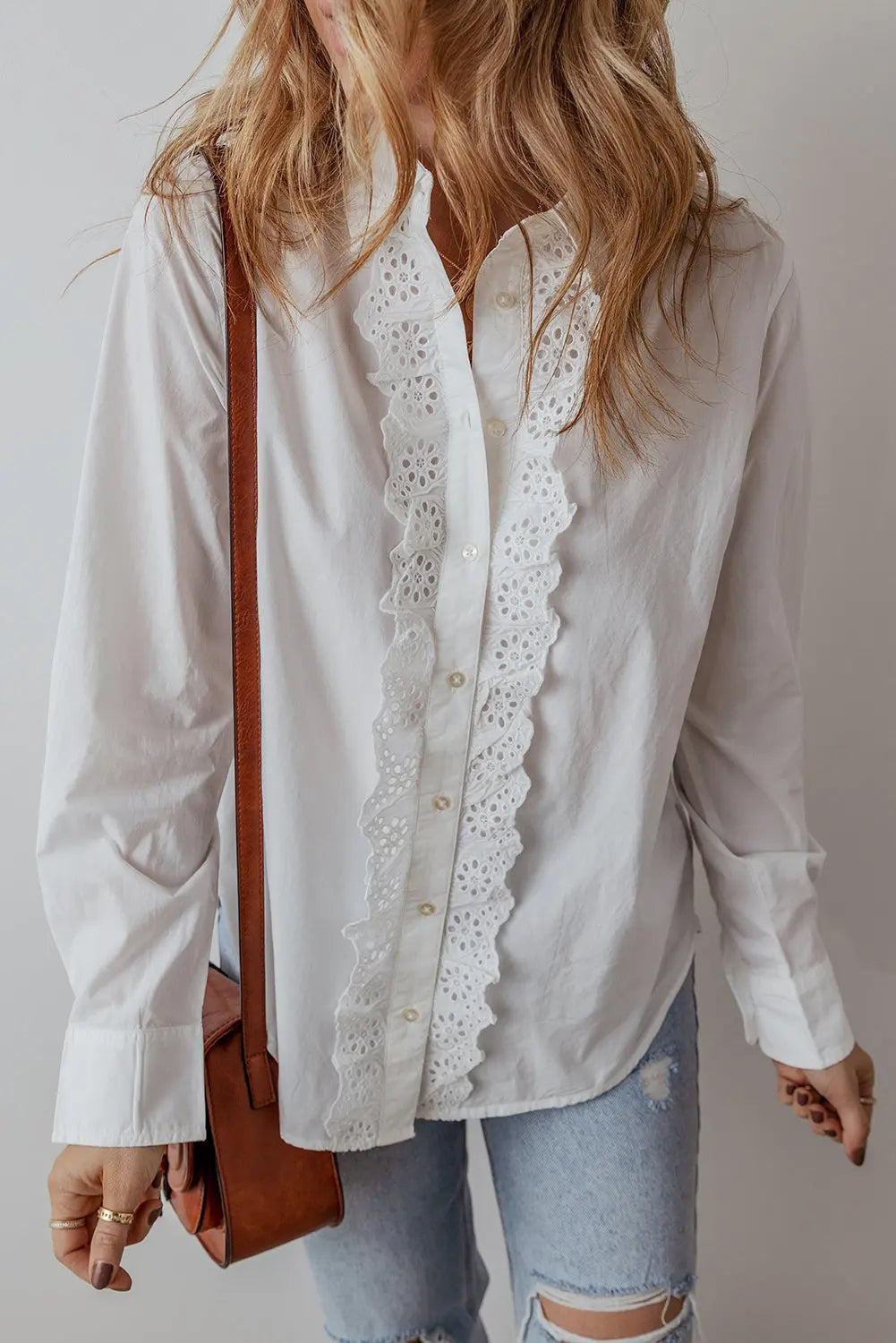 White Lace Crochet Trim Turn Down Collar Buttoned Shirt - eAura