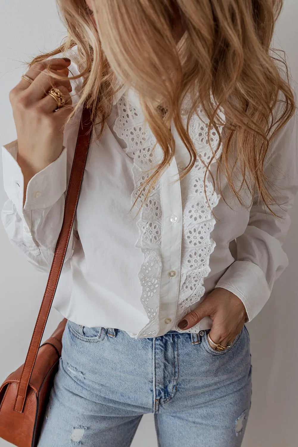 White Lace Crochet Trim Turn Down Collar Buttoned Shirt - eAura