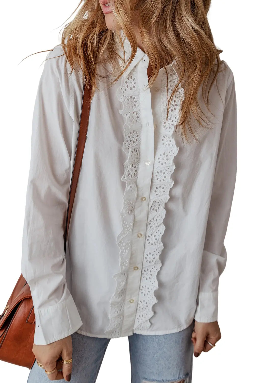 White Lace Crochet Trim Turn Down Collar Buttoned Shirt - eAura