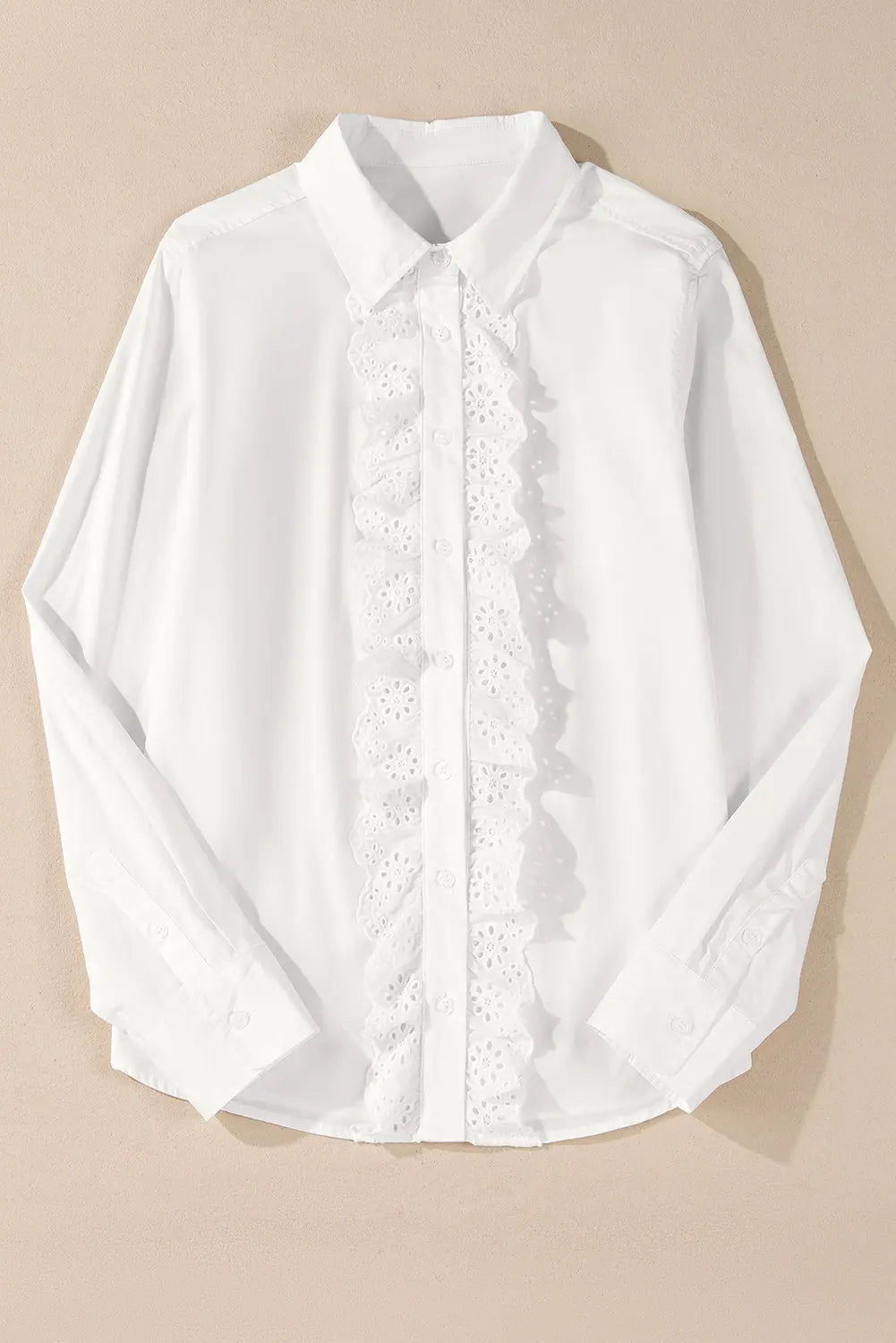 White Lace Crochet Trim Turn Down Collar Buttoned Shirt - eAura