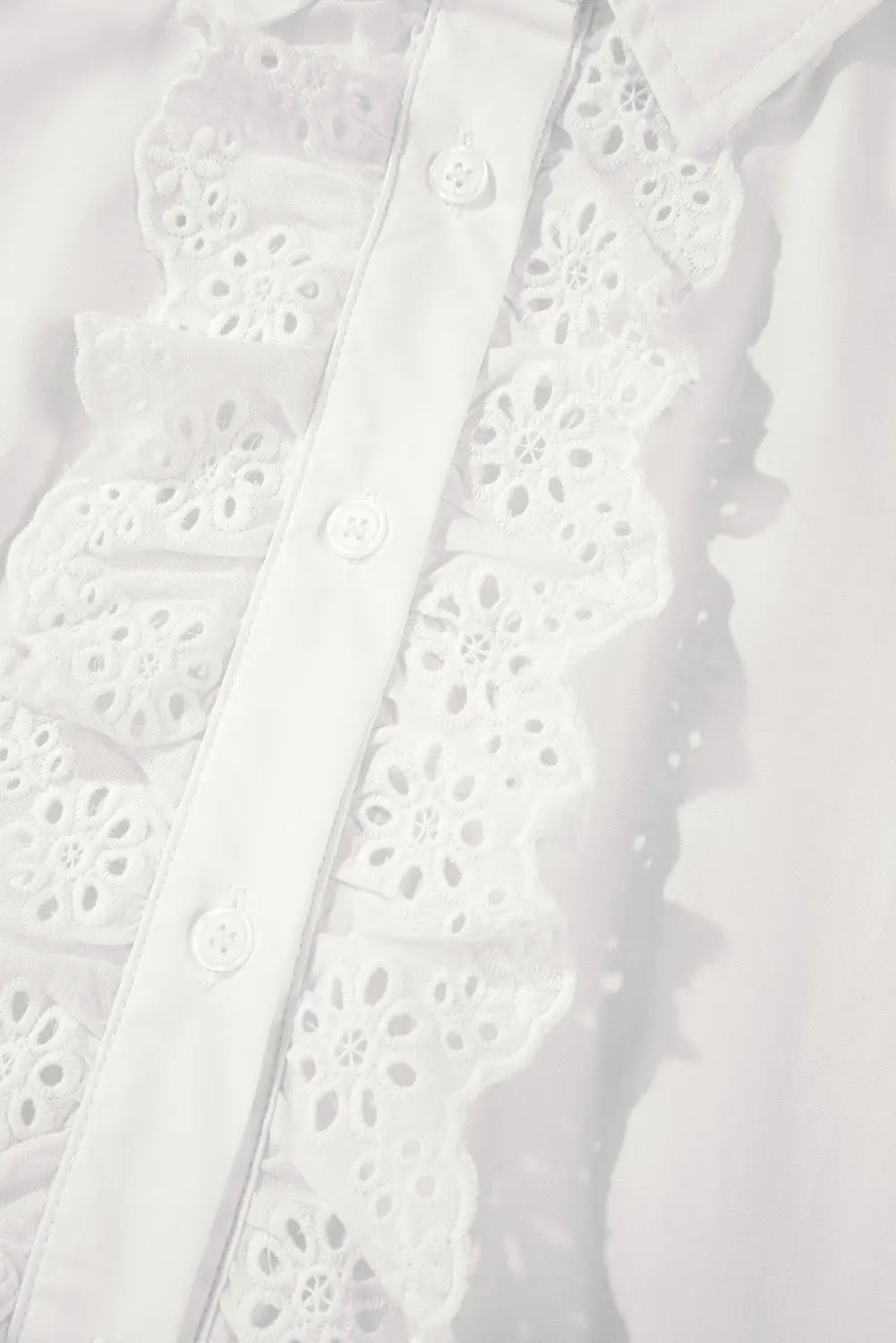 White Lace Crochet Trim Turn Down Collar Buttoned Shirt - eAura