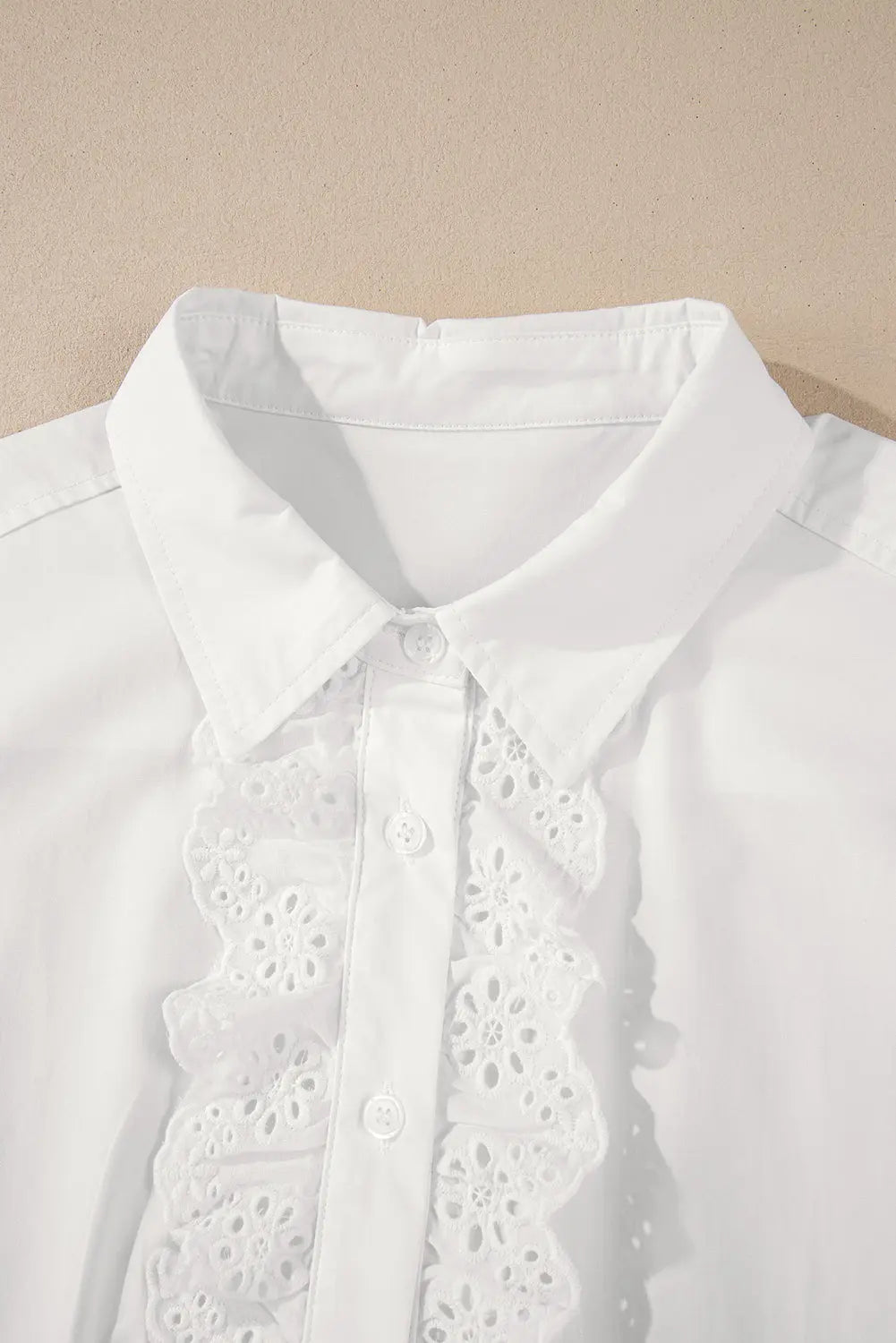 White Lace Crochet Trim Turn Down Collar Buttoned Shirt - eAura
