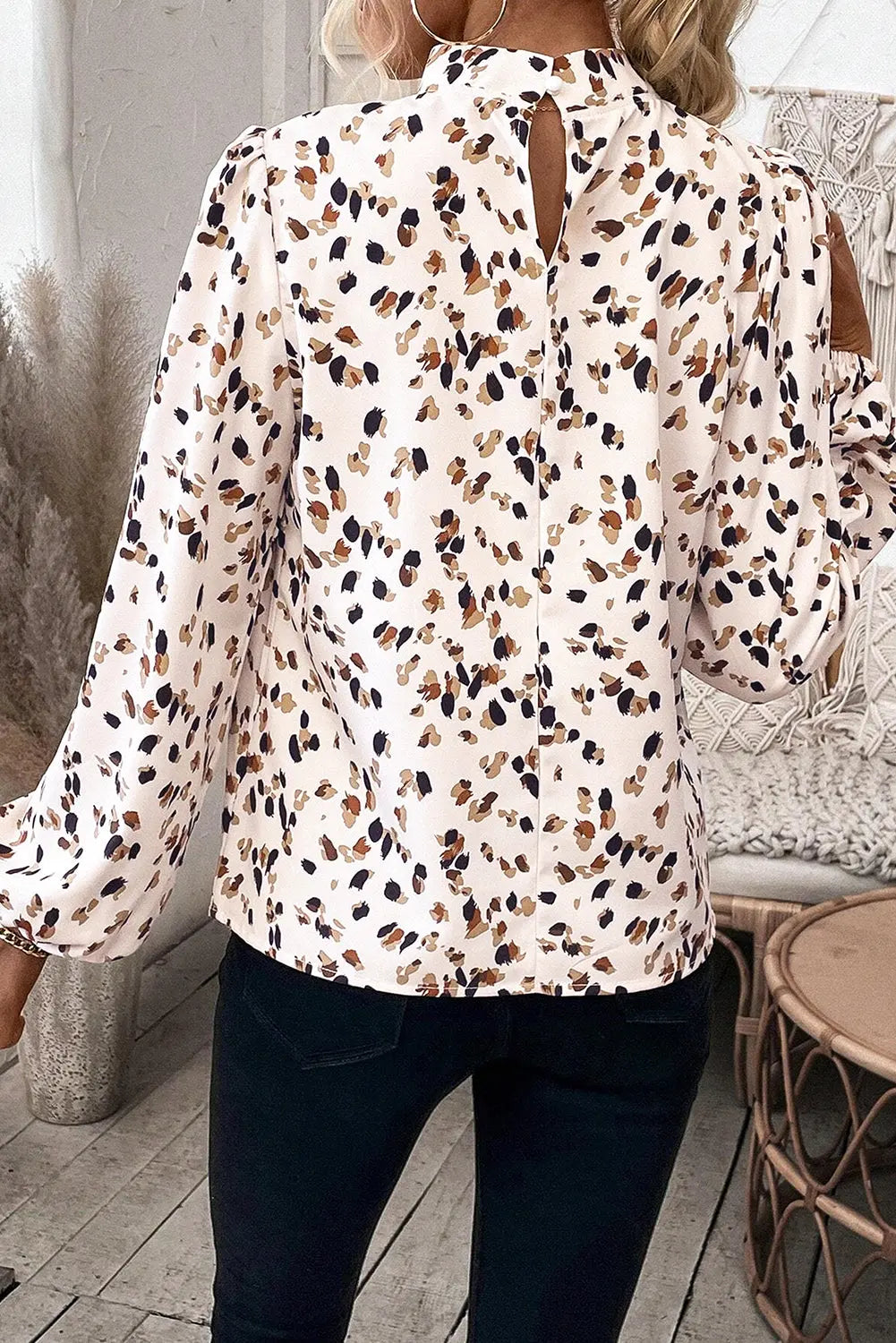 White Leopard Print Lantern Sleeve Mock Neck Pleated Blouse Beagle Boutique Fashion Outlet