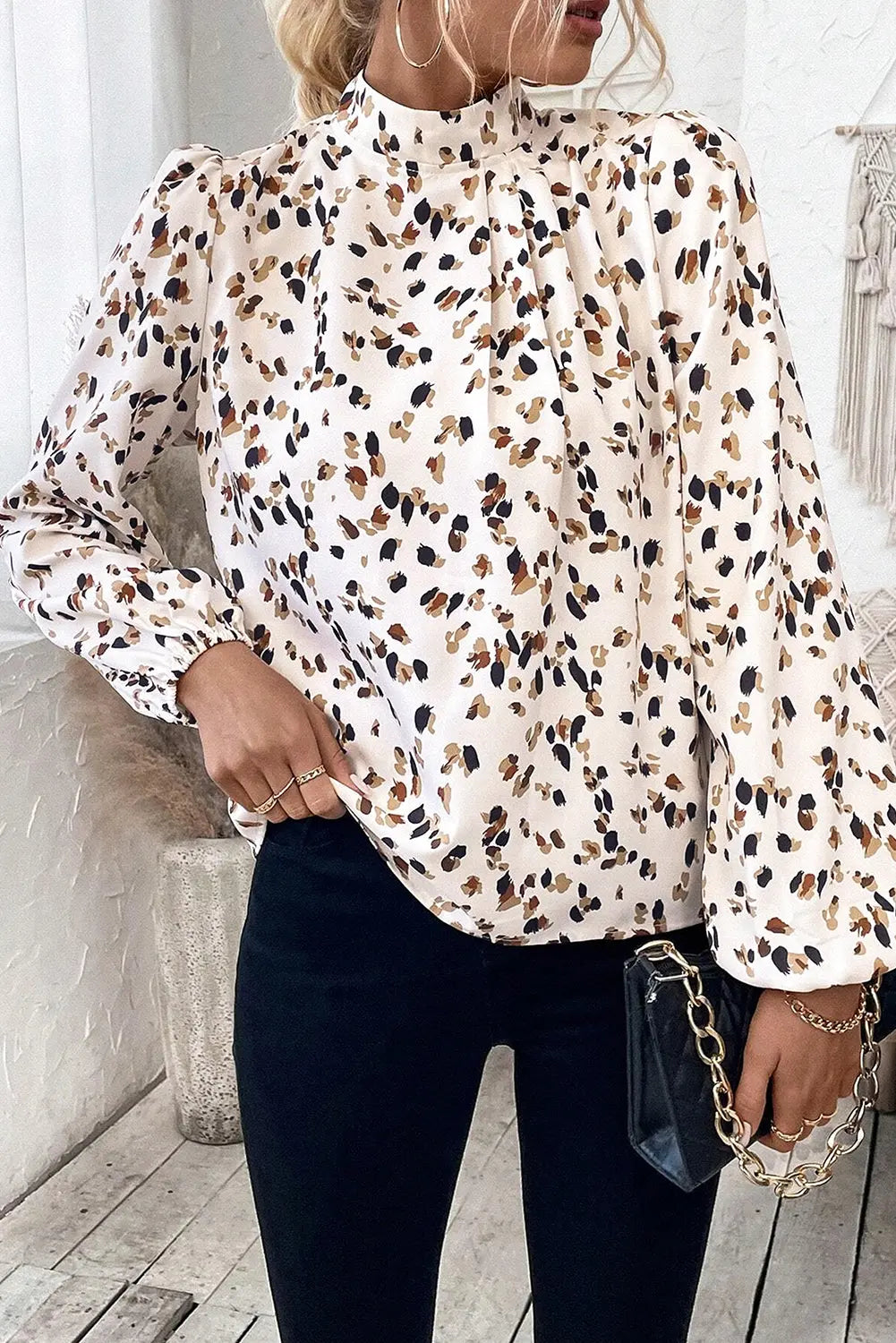 White Leopard Print Lantern Sleeve Mock Neck Pleated Blouse Beagle Boutique Fashion Outlet