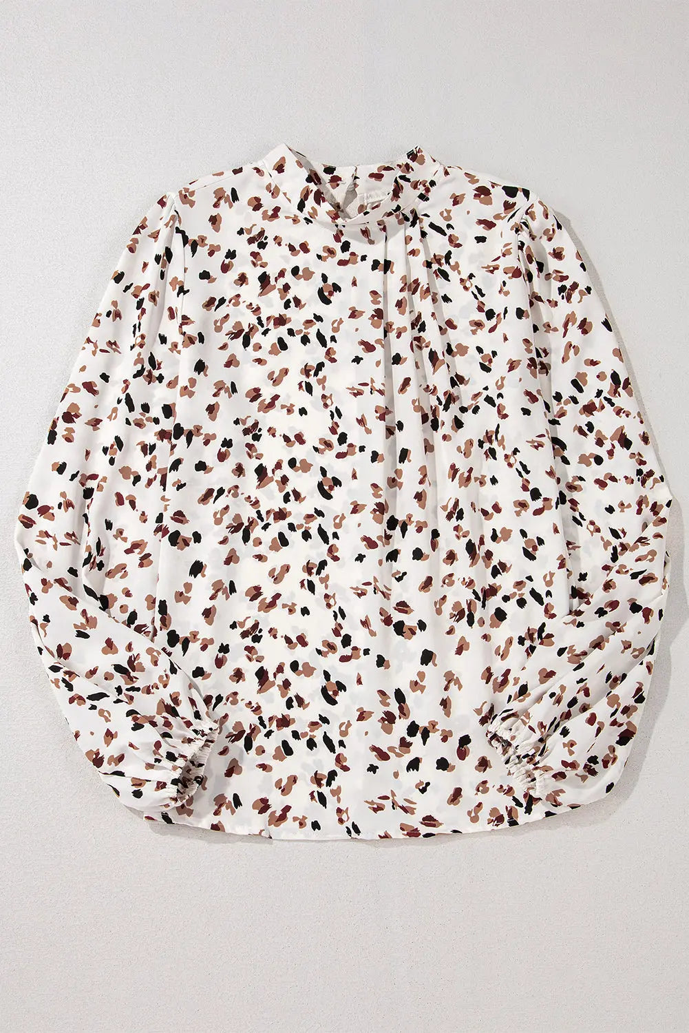 White Leopard Print Lantern Sleeve Mock Neck Pleated Blouse Beagle Boutique Fashion Outlet