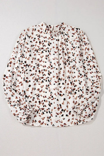 White Leopard Print Lantern Sleeve Mock Neck Pleated Blouse Beagle Boutique Fashion Outlet