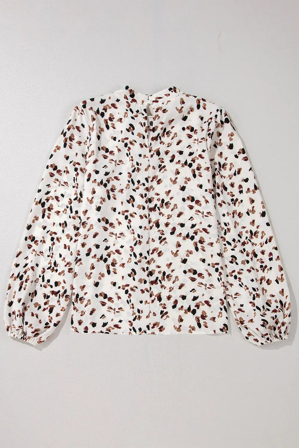 White Leopard Print Lantern Sleeve Mock Neck Pleated Blouse Beagle Boutique Fashion Outlet