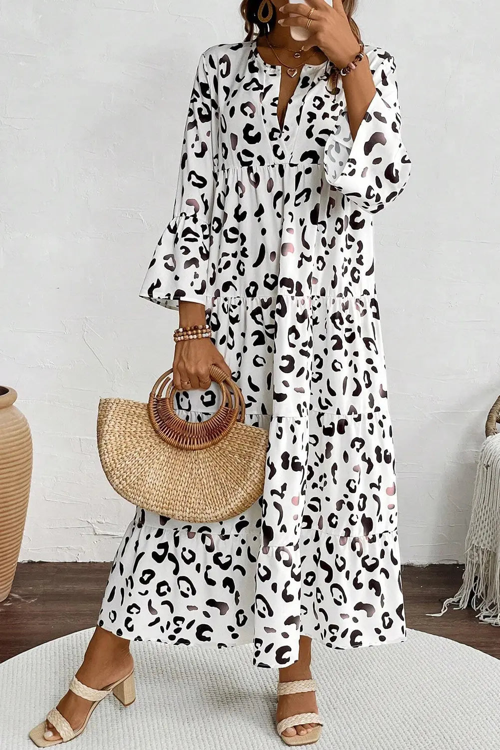 White Leopard Print Notch V Neck Loose Fit Maxi Dress - eAura