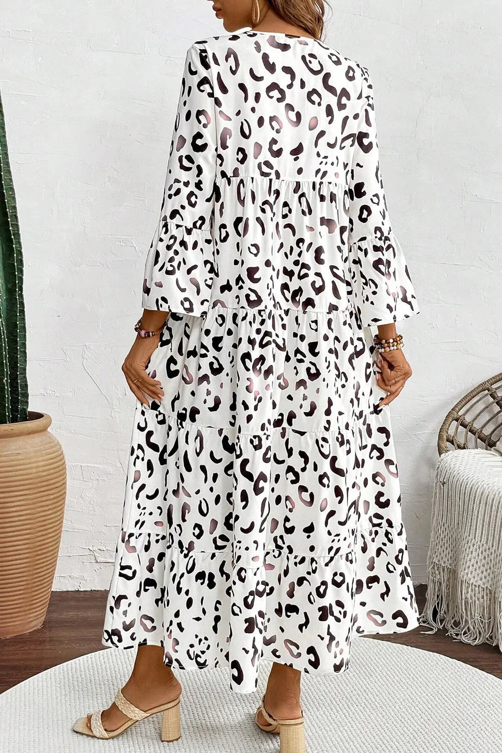 White Leopard Print Notch V Neck Loose Fit Maxi Dress - eAura