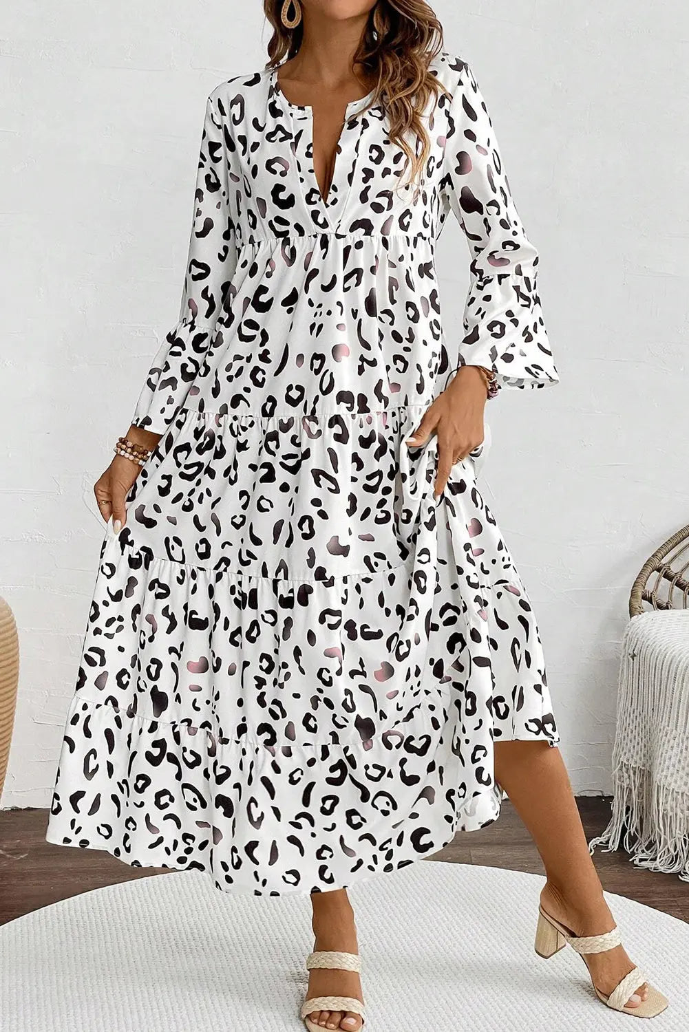 White Leopard Print Notch V Neck Loose Fit Maxi Dress - eAura