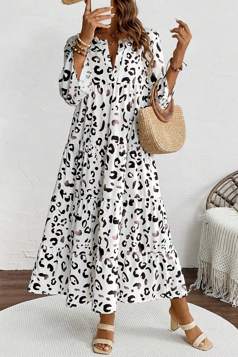White Leopard Print Notch V Neck Loose Fit Maxi Dress - eAura