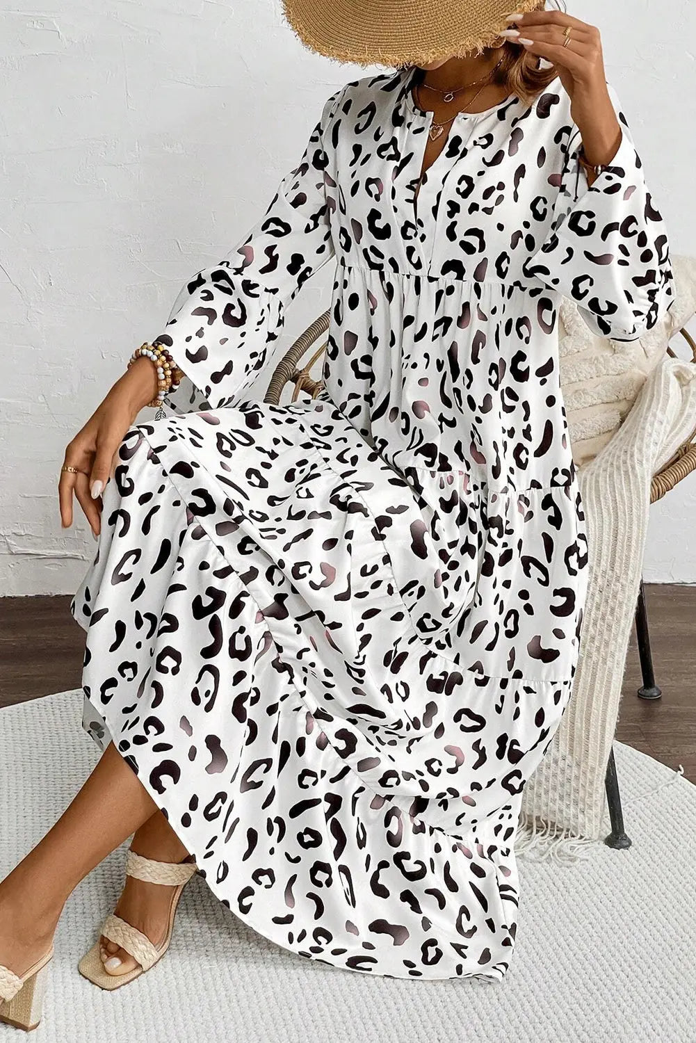 White Leopard Print Notch V Neck Loose Fit Maxi Dress - eAura