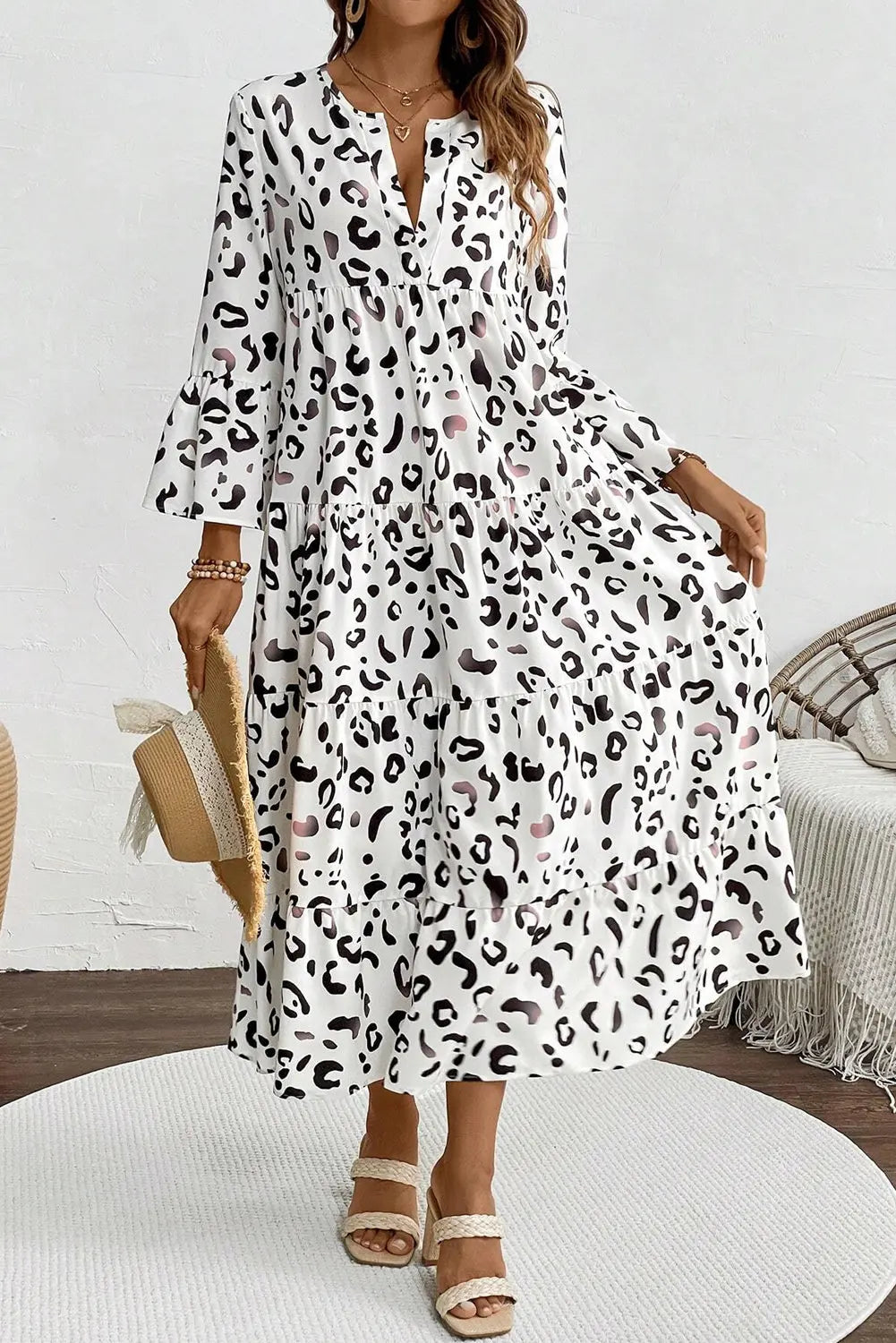 White Leopard Print Notch V Neck Loose Fit Maxi Dress - eAura