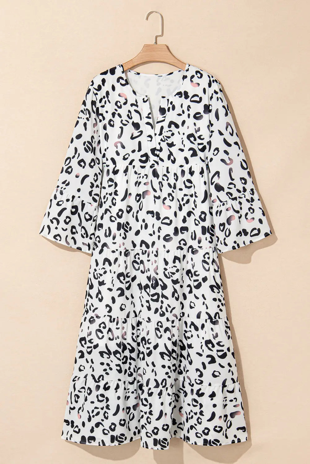 White Leopard Print Notch V Neck Loose Fit Maxi Dress - eAura