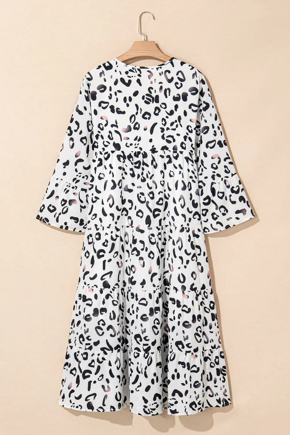 White Leopard Print Notch V Neck Loose Fit Maxi Dress - eAura