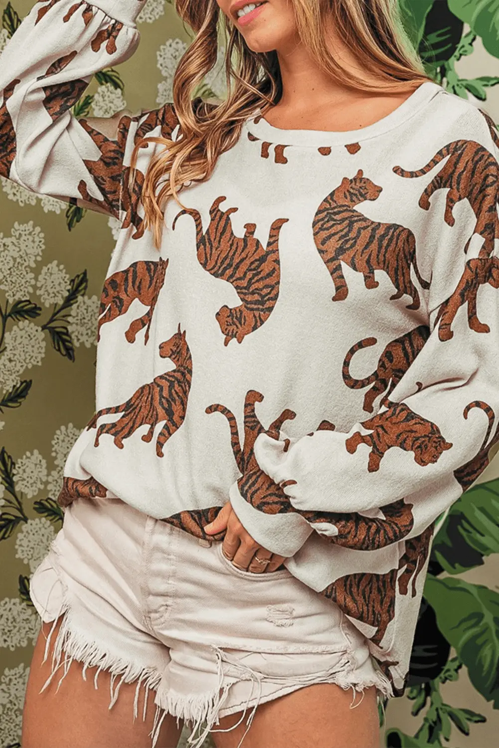 White Lively Tiger Print Casual Sweatshirt - BB Fashion Outlet