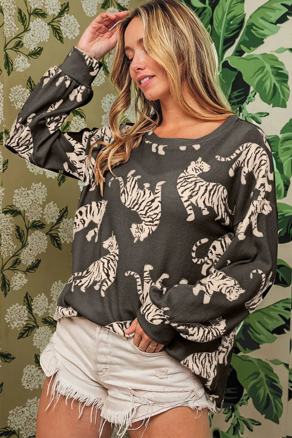 White Lively Tiger Print Casual Sweatshirt - BB Fashion Outlet