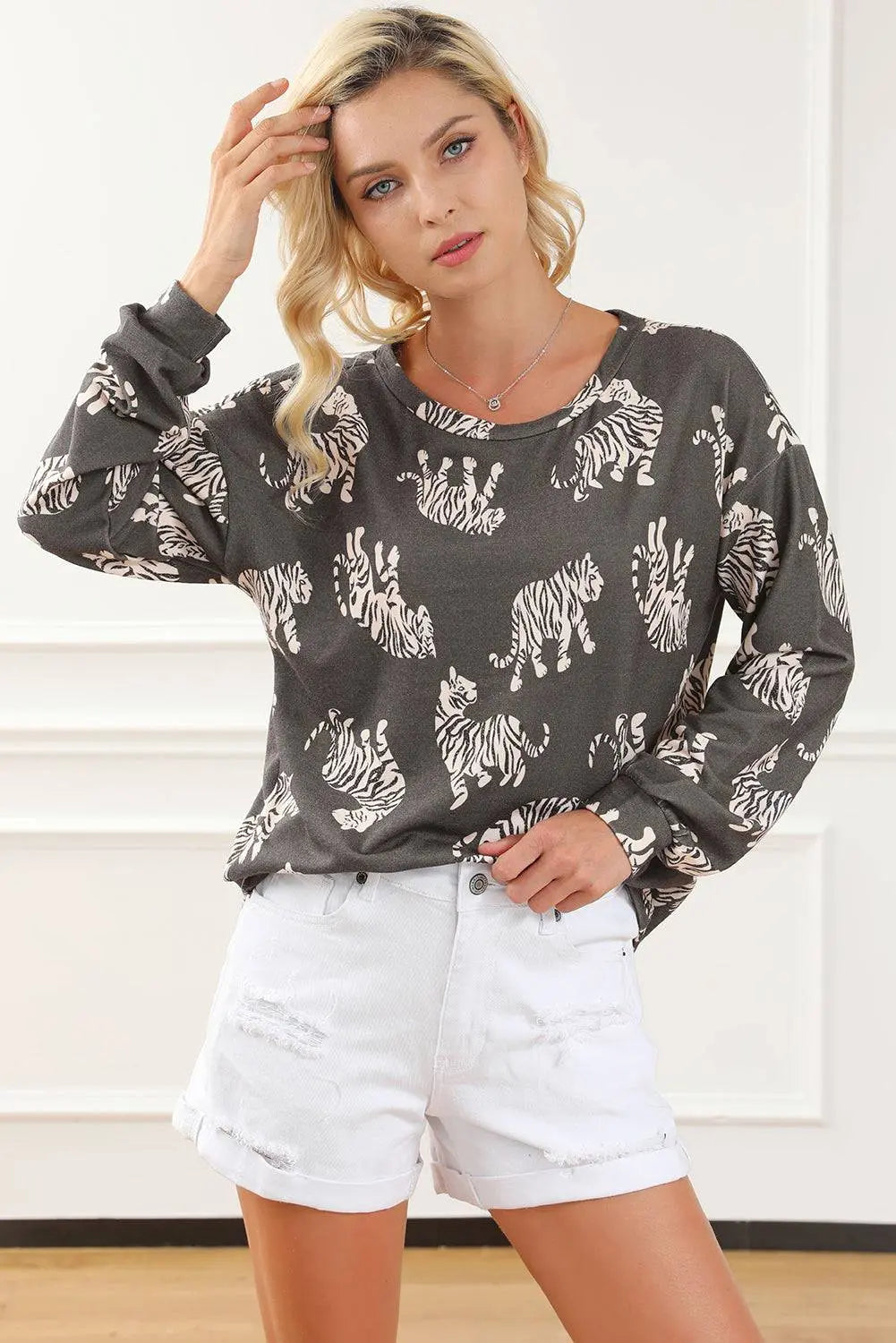 White Lively Tiger Print Casual Sweatshirt - BB Fashion Outlet