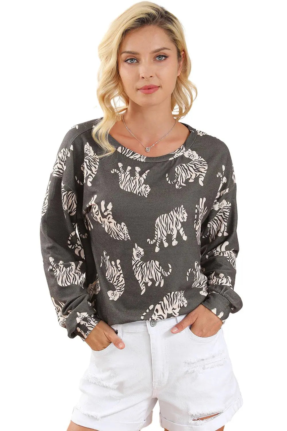 White Lively Tiger Print Casual Sweatshirt - BB Fashion Outlet