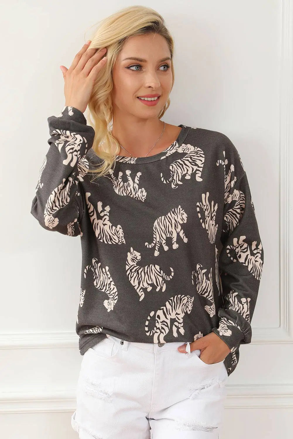 White Lively Tiger Print Casual Sweatshirt - BB Fashion Outlet