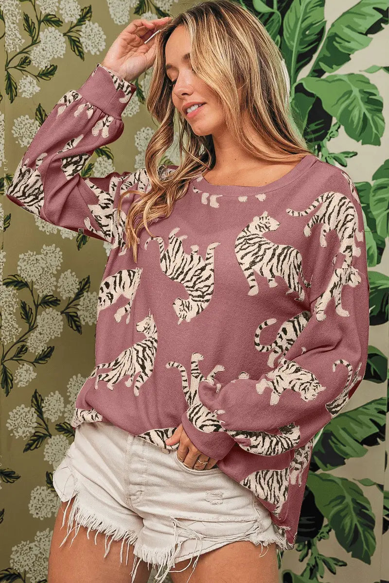 White Lively Tiger Print Casual Sweatshirt - BB Fashion Outlet