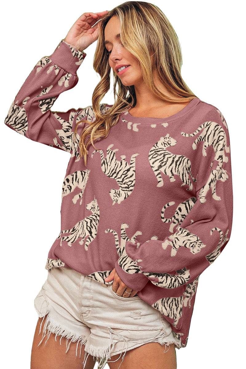 White Lively Tiger Print Casual Sweatshirt - BB Fashion Outlet