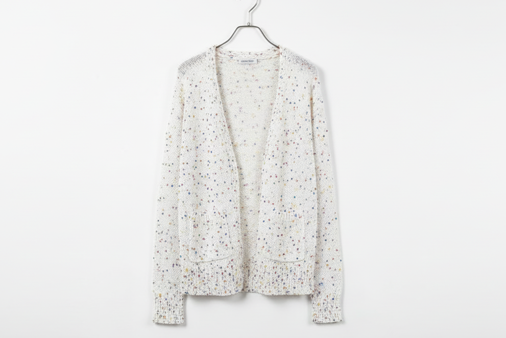 White Multicoloured Dotted Rib Knit Long Sleeve Cardigan - eAura