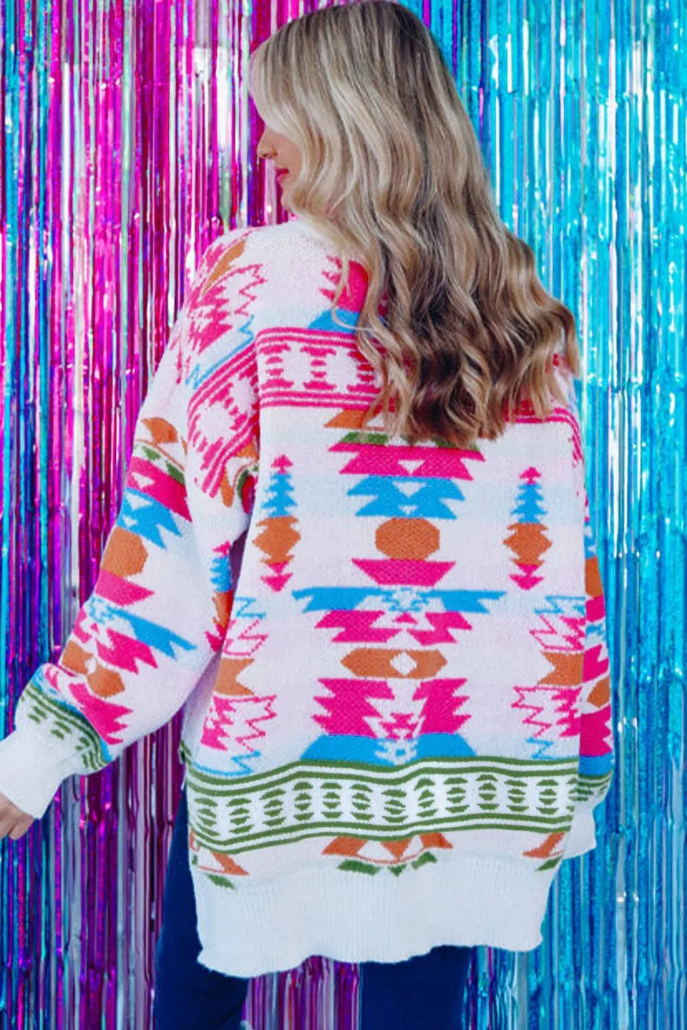 White Oversize Aztec Print High Low V Neck Sweater - BB Fashion Outlet