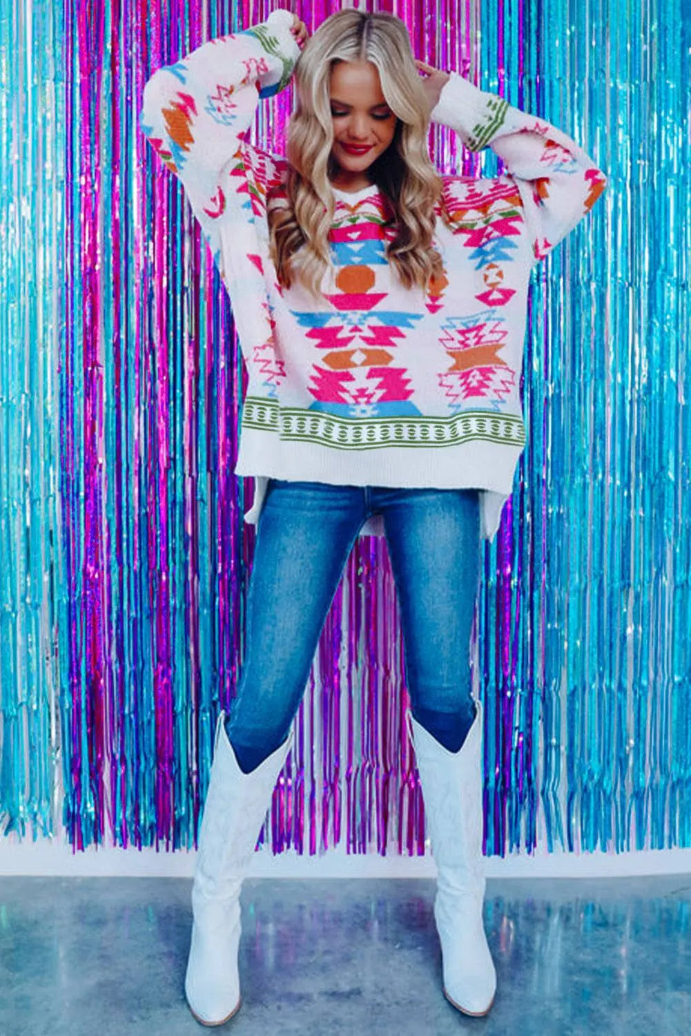 White Oversize Aztec Print High Low V Neck Sweater - BB Fashion Outlet