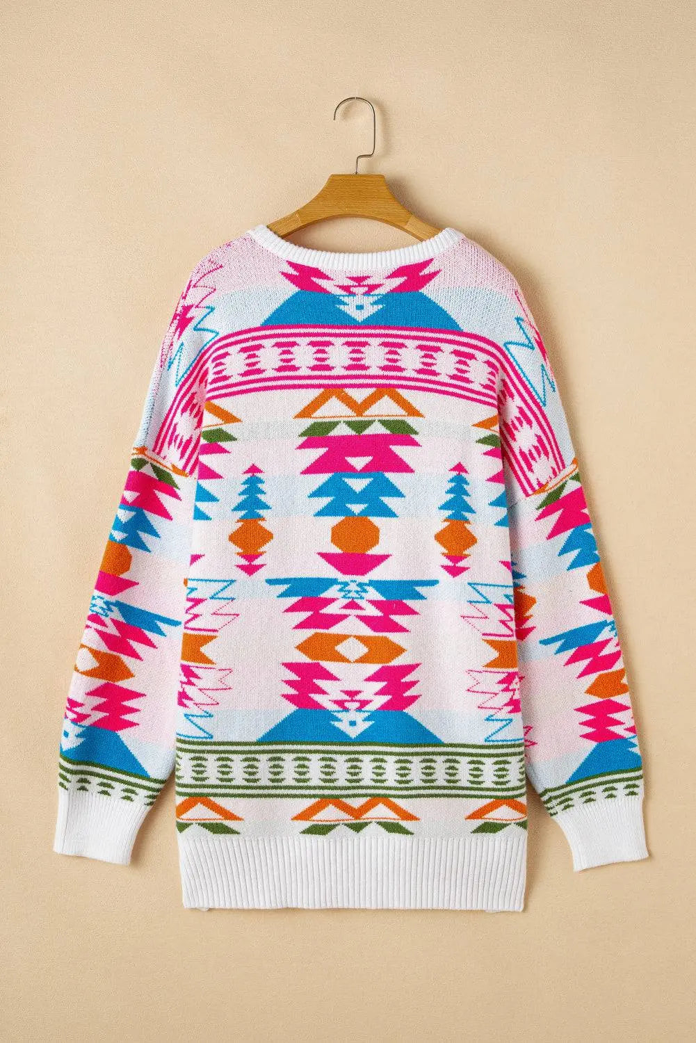 White Oversize Aztec Print High Low V Neck Sweater - BB Fashion Outlet