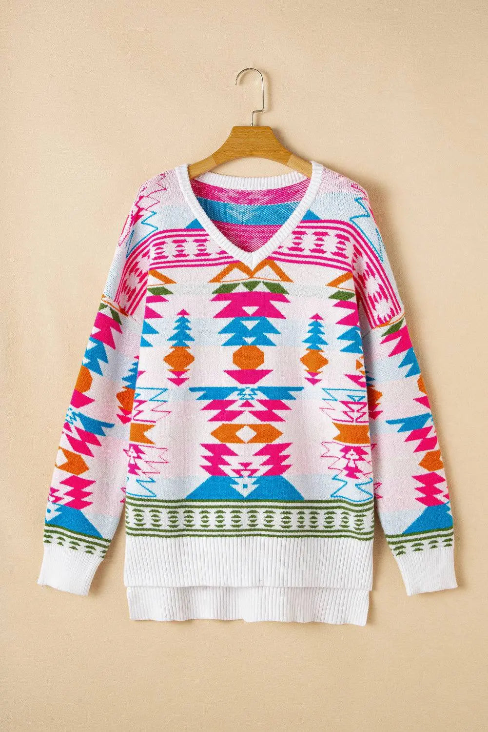 White Oversize Aztec Print High Low V Neck Sweater - BB Fashion Outlet