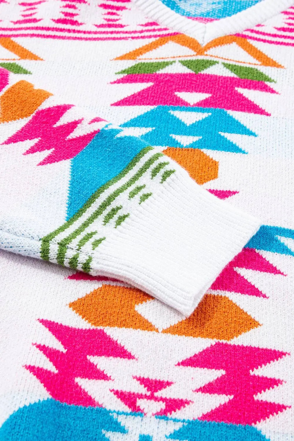 White Oversize Aztec Print High Low V Neck Sweater - BB Fashion Outlet