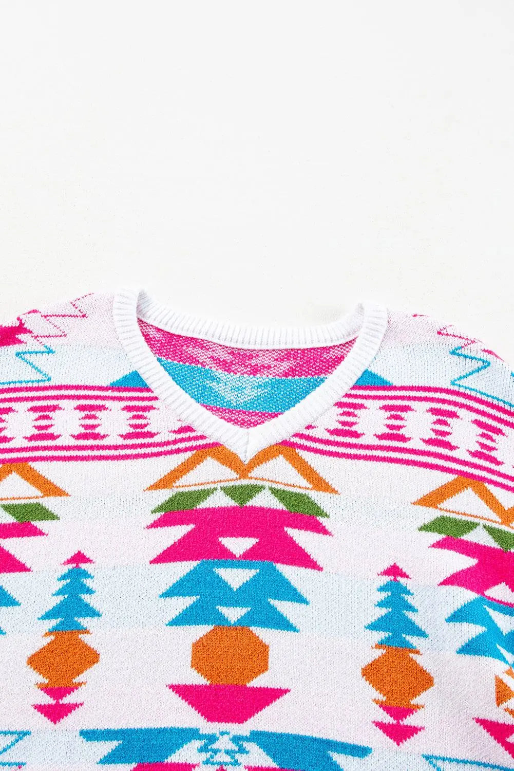 White Oversize Aztec Print High Low V Neck Sweater - BB Fashion Outlet