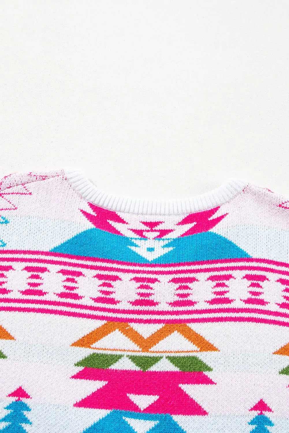 White Oversize Aztec Print High Low V Neck Sweater - BB Fashion Outlet