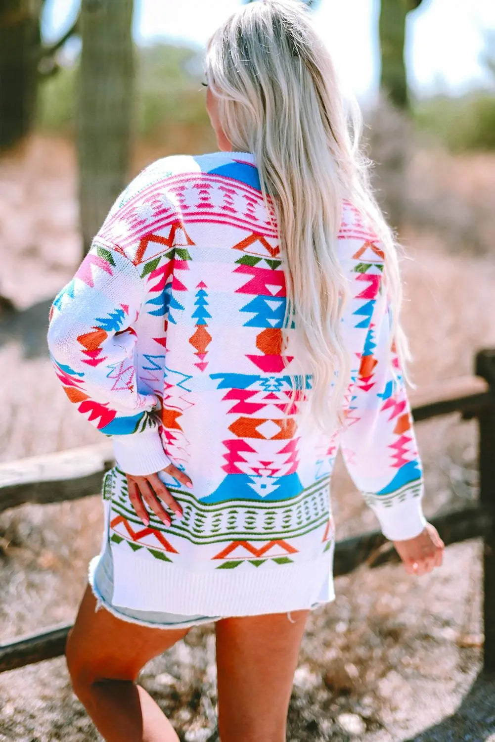 White Oversize Aztec Print High Low V Neck Sweater - BB Fashion Outlet