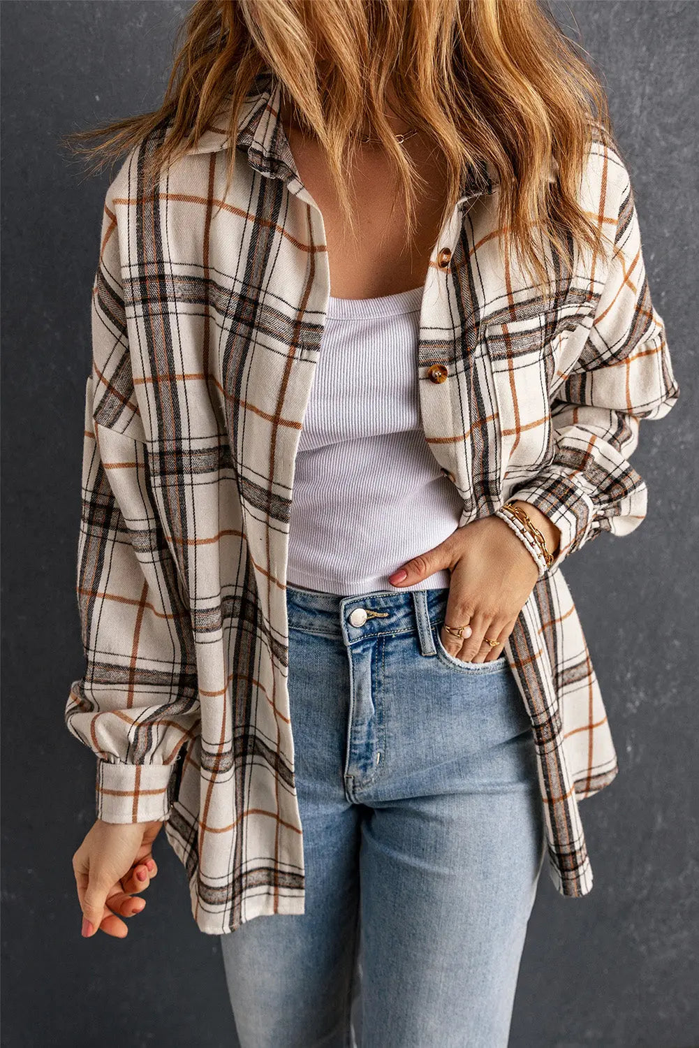 White Oversized Plaid Pattern Shacket with Slits eAura