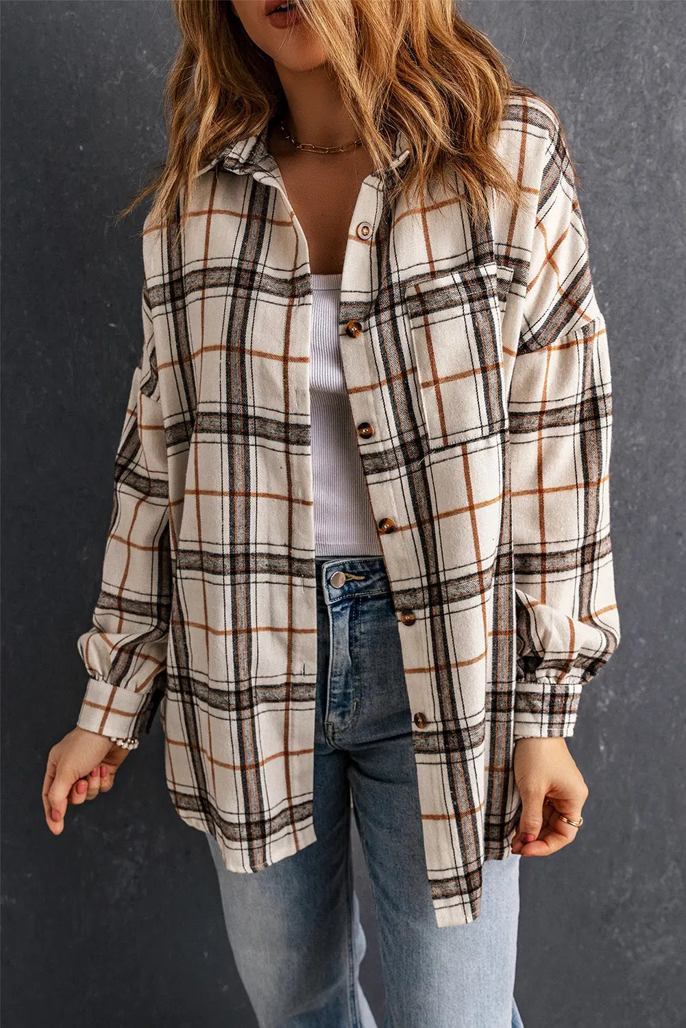 White Oversized Plaid Pattern Shacket with Slits eAura