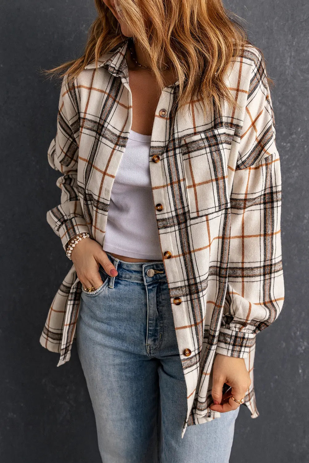 White Oversized Plaid Pattern Shacket with Slits eAura