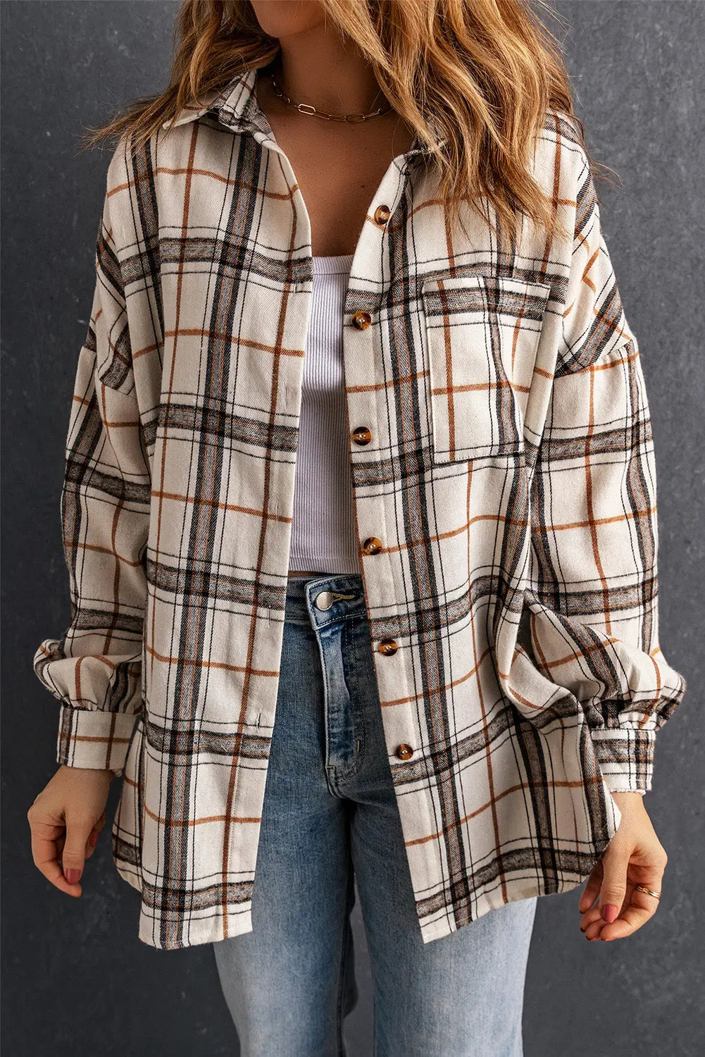 White Oversized Plaid Pattern Shacket with Slits eAura